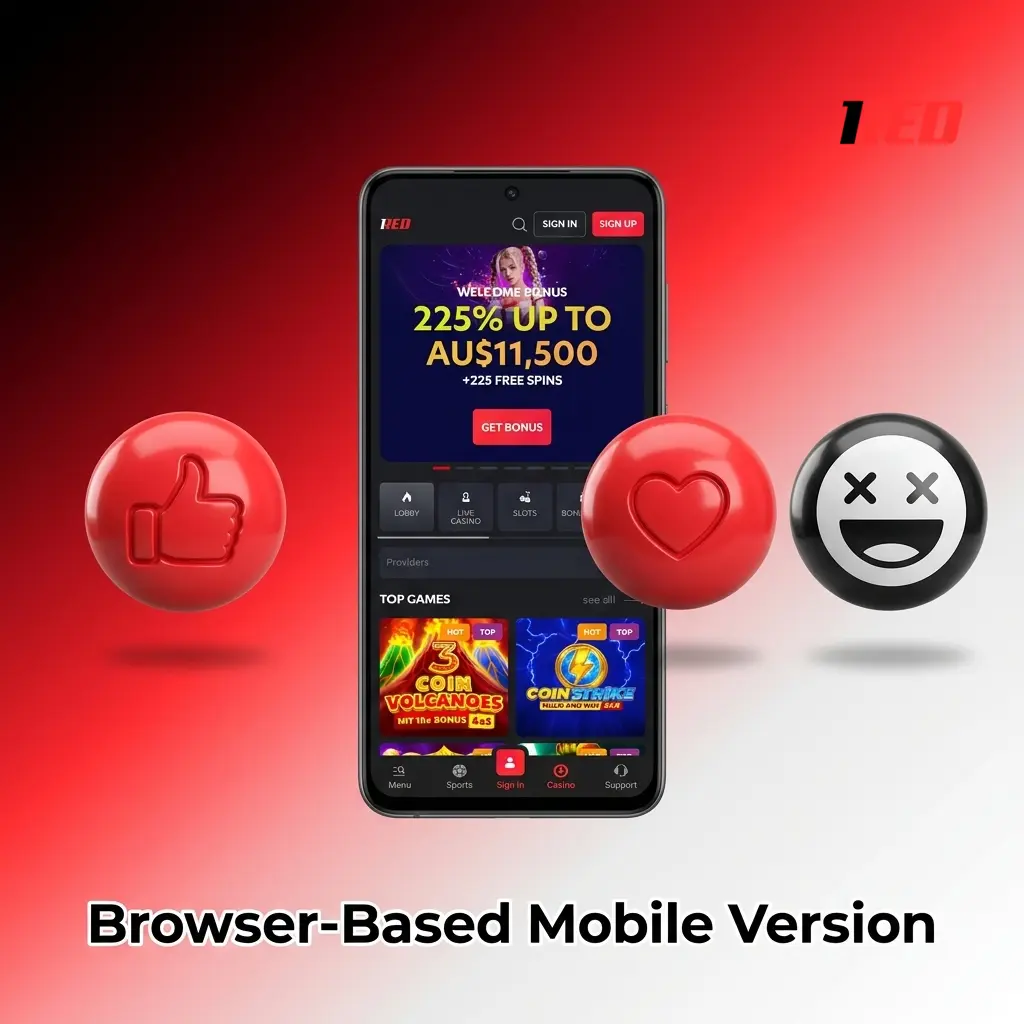 1Red mobile browser interface on smartphone showing casino games and sportsbook optimised for touchscreen navigation