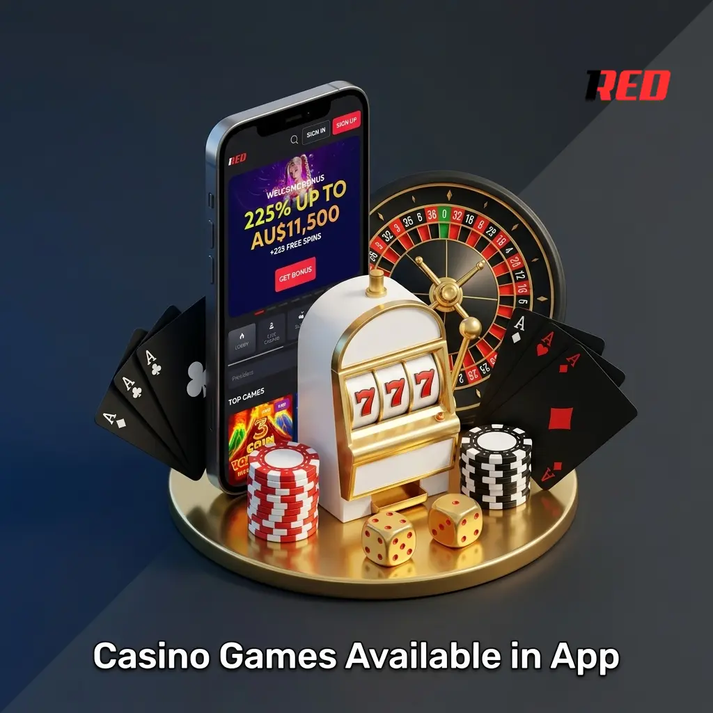 1Red Casino mobile app displaying game categories including slots, live dealer, poker, and crash games