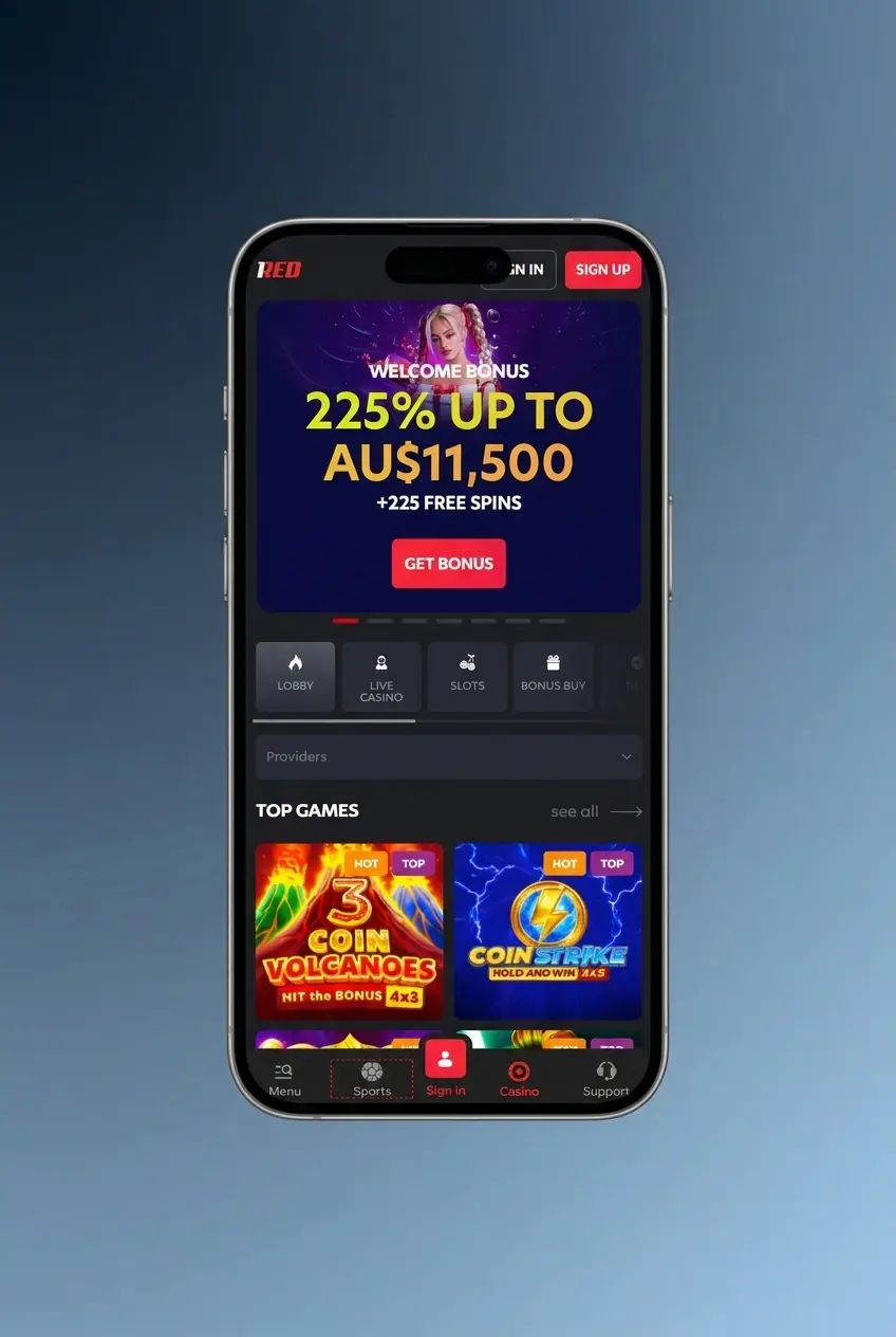 1Red casino mobile login screen displayed on a smartphone browser showing account access steps