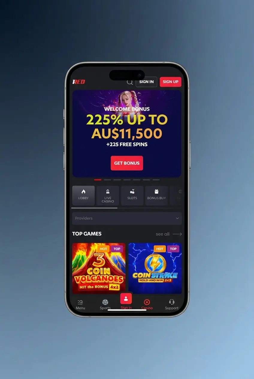 1Red Casino mobile login screen displayed on a smartphone browser, showing account access steps for returning players