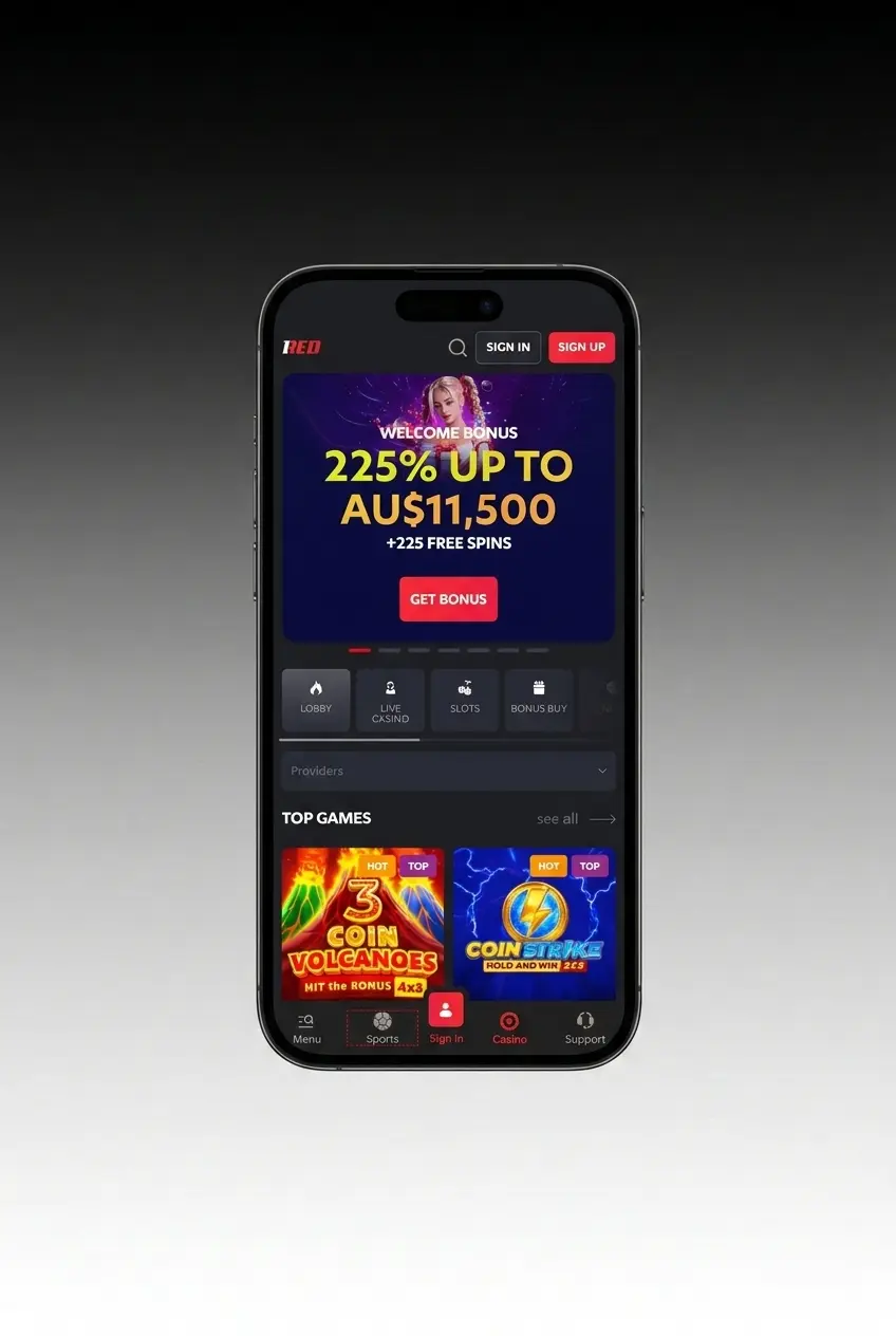 1Red mobile app deposit screen showing cashier menu with payment options including Visa, Skrill, Neosurf, and Bitcoin