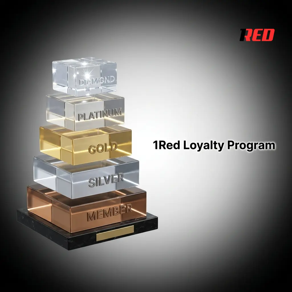 1Red loyalty program tiers showing point earning rates for casino, sports betting, and live dealer games with VIP benefits