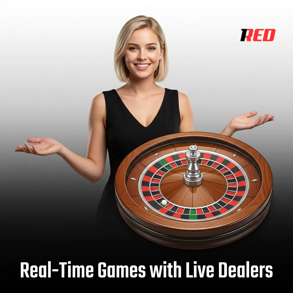 Live dealer at 1Red Casino streaming HD blackjack, roulette, baccarat, and game shows in real time