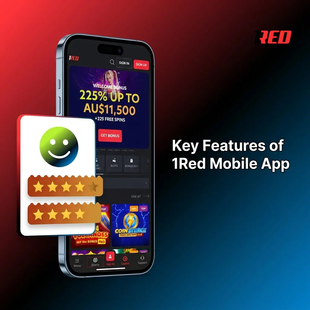 1Red mobile app features: AUD support, AU$10K welcome bonus, local payments, casino games, sportsbook, and 24/7 support