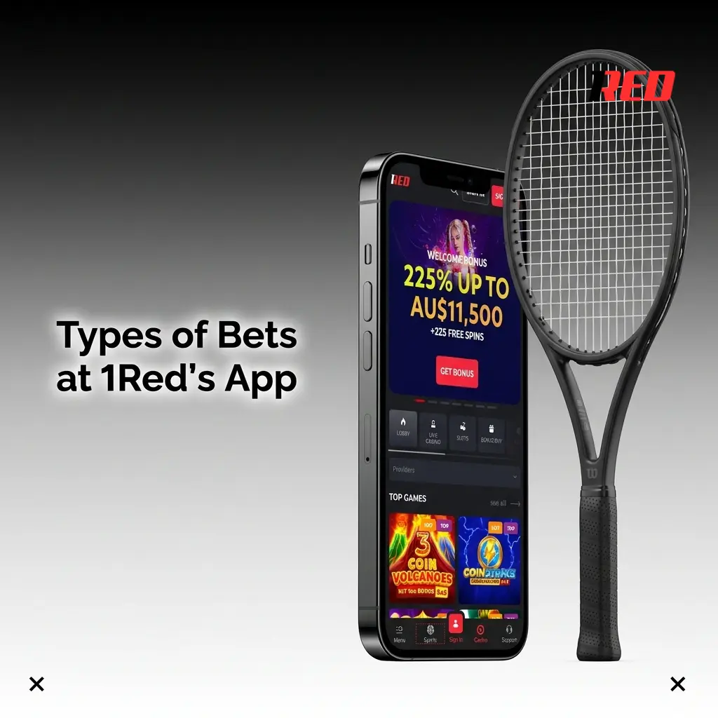 1Red sportsbook app displaying various bet types including singles, accumulators, trebles, system bets and live in-play options