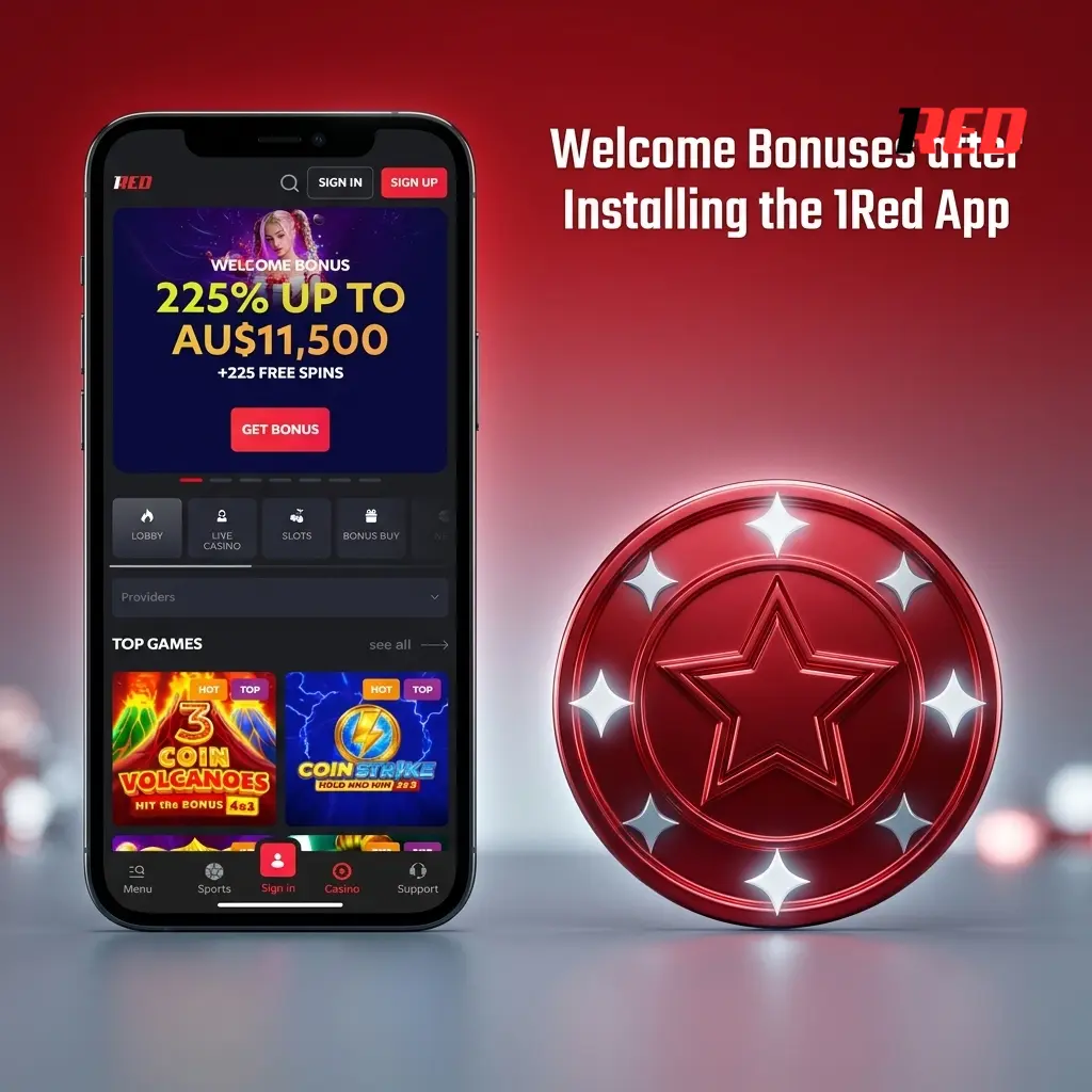 1Red app welcome bonus offer for Australian players with 100% match up to AU$10,000 and 100 free spins